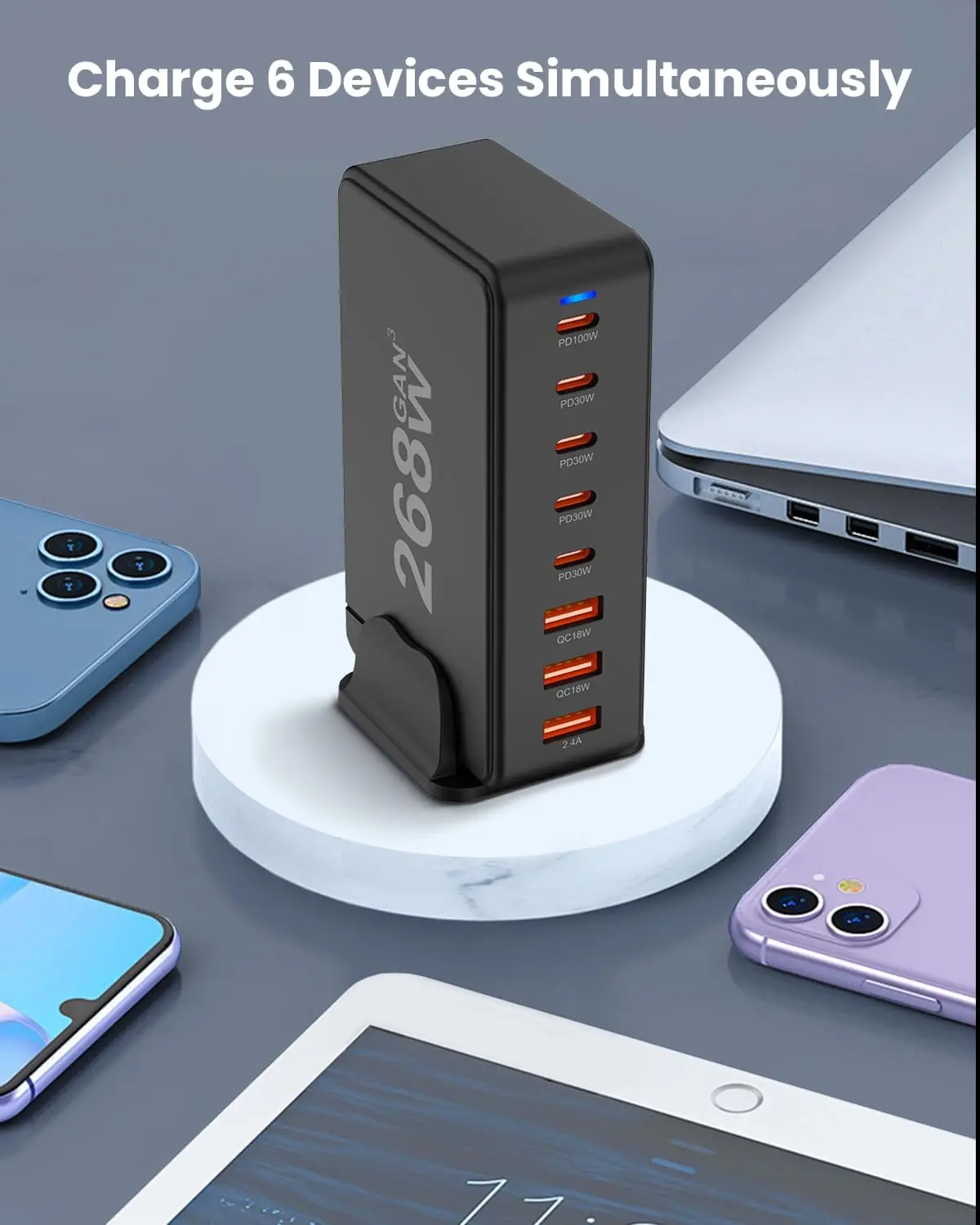 USB C Charger, 268W 8-Port Fast USB C Charging Station with 5 USB-C + 3 USB-A, Portable Multiport USB Charging Block Wall Hub