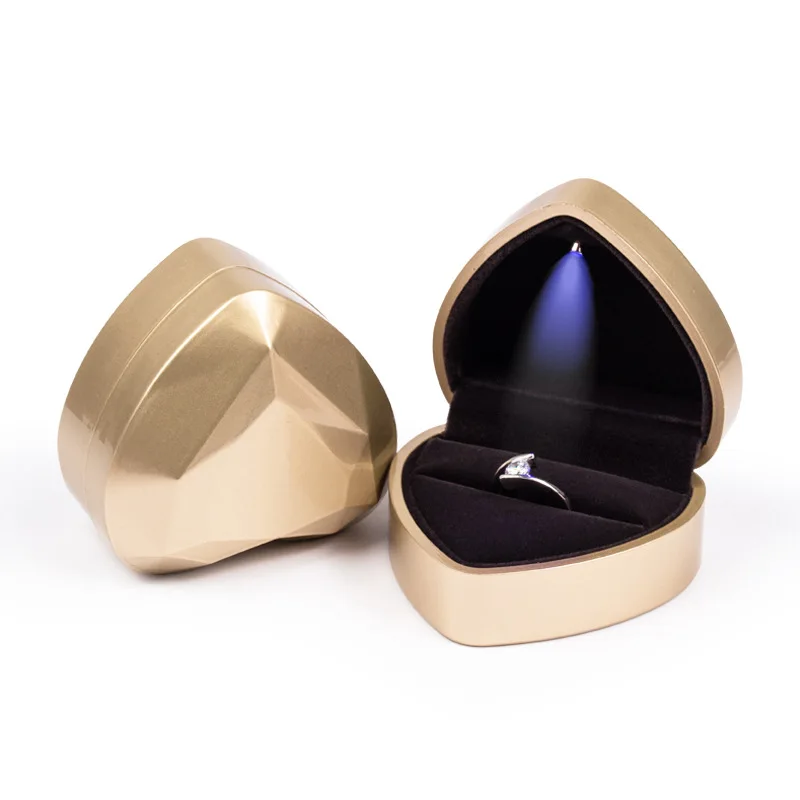 Led Light Up Polygon Heart Shaped Engagement Ring Box Velvet Stand Earrings Coin Jewelry Box with Proposal Birthday Gift