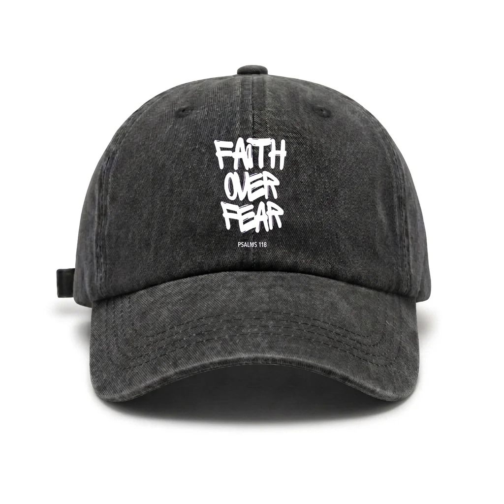 Vintage Washed Faith Over Fear Quote Baseball Cap, Adjustable Unisex Dad Hat, Christian Faith Inspirational Gift