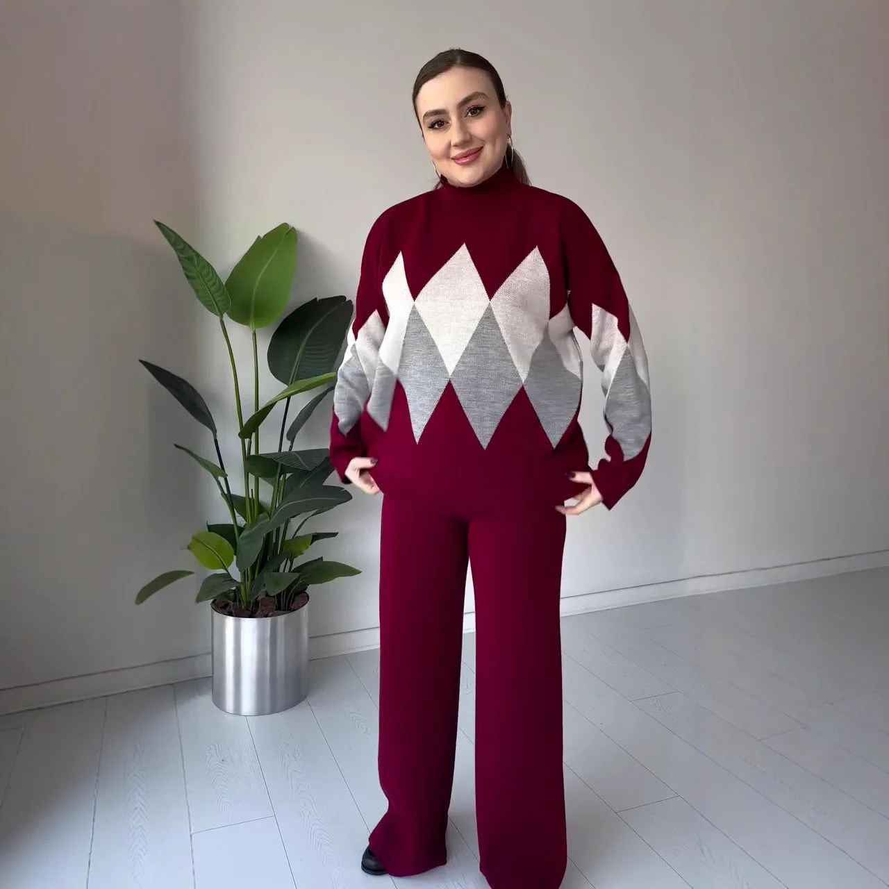 Sweater Suit Women Knitted 2 Piece Sets Pullover Turtleneck Top Wide Leg Pants Outfits Autumn Winter Knitwear Trousers Ensemble