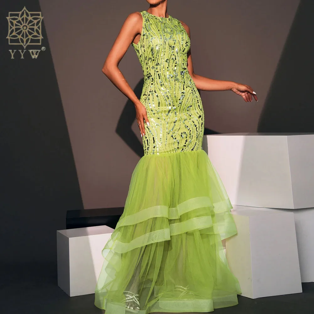 Sexy Backless Green Sequin Summer Dress Prom Dress 2024 Women Elegant Luxury Fishtail Dress Long Party Evening Dresses Vestidos