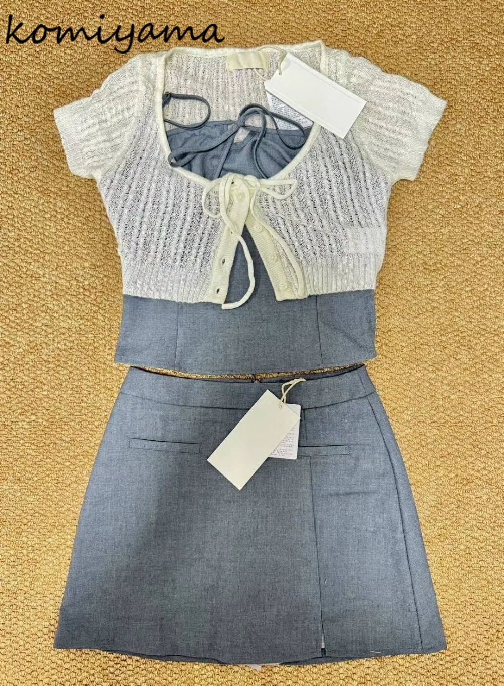 

Short Sleeve Twist Knit Cardigan Bandage Bow Tank Top High Waist A-line Mini Skirt Woman 2025 New Sets Japanese 3 Pcs Set
