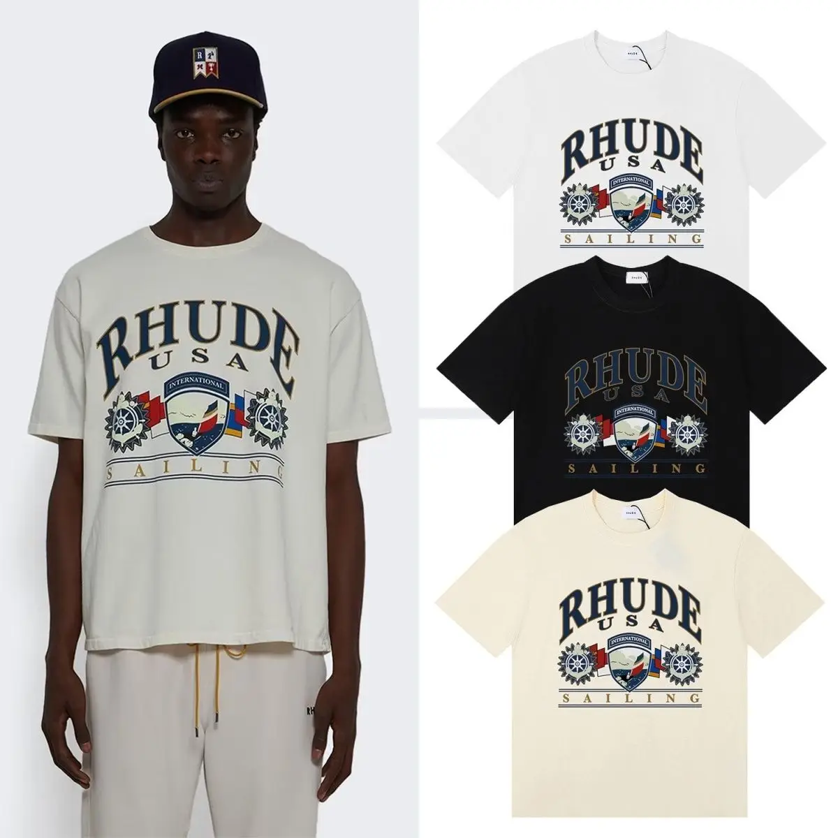 Rhude Classic Solid Color Logo Letter Badge Graphic Print Unisex Pure Cotton Short Sleeve T-Shirt, Versatile Top