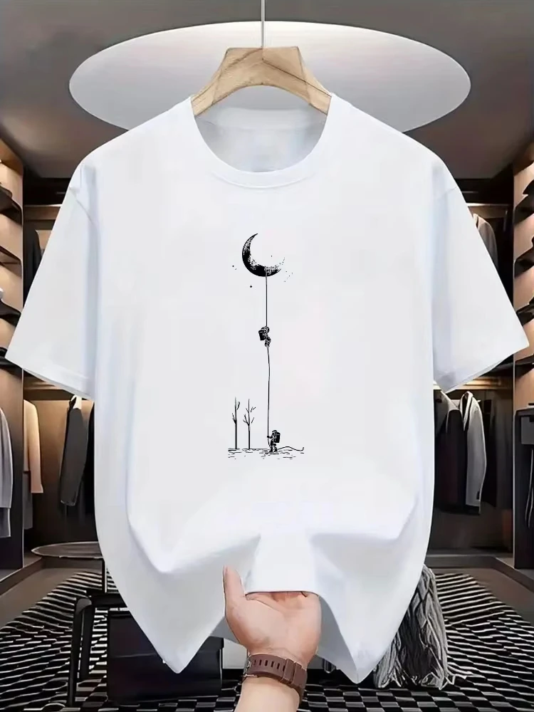 2026 Summer Hot Sale Men's Casual Loose Fit Plus Size Moon Landing Pattern Printed O Neck Short Sleeved T-shirt Top High Quality