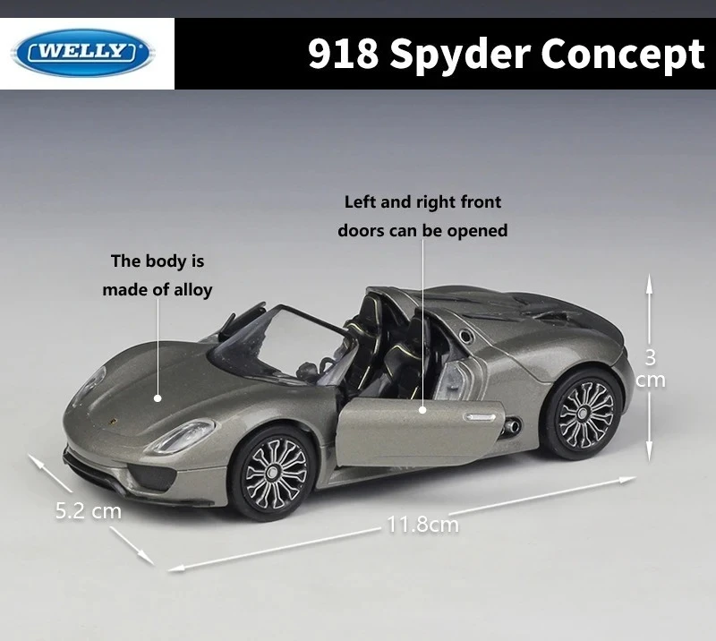 WELLY 1:36 918 سبايدر مفهوم التراجع سيارة رياضية نموذج معدني دييكاست لعبة معدنيّة سيارة للأطفال هدية B49 دييكاست سبيكة