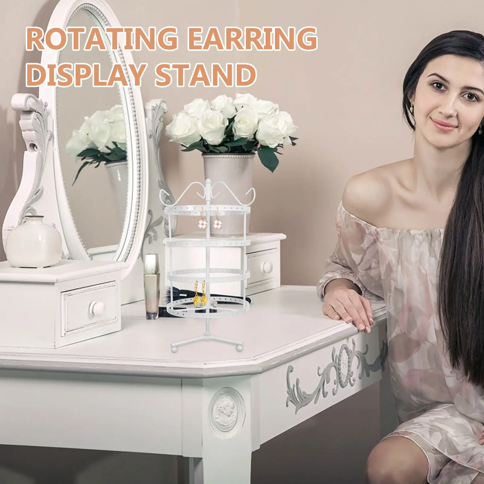 4-Tier Rotating Earrings Display Stand 144 Holes Metal Jewelry Holder Size M White Perfect for Home Store Earring Display Stand