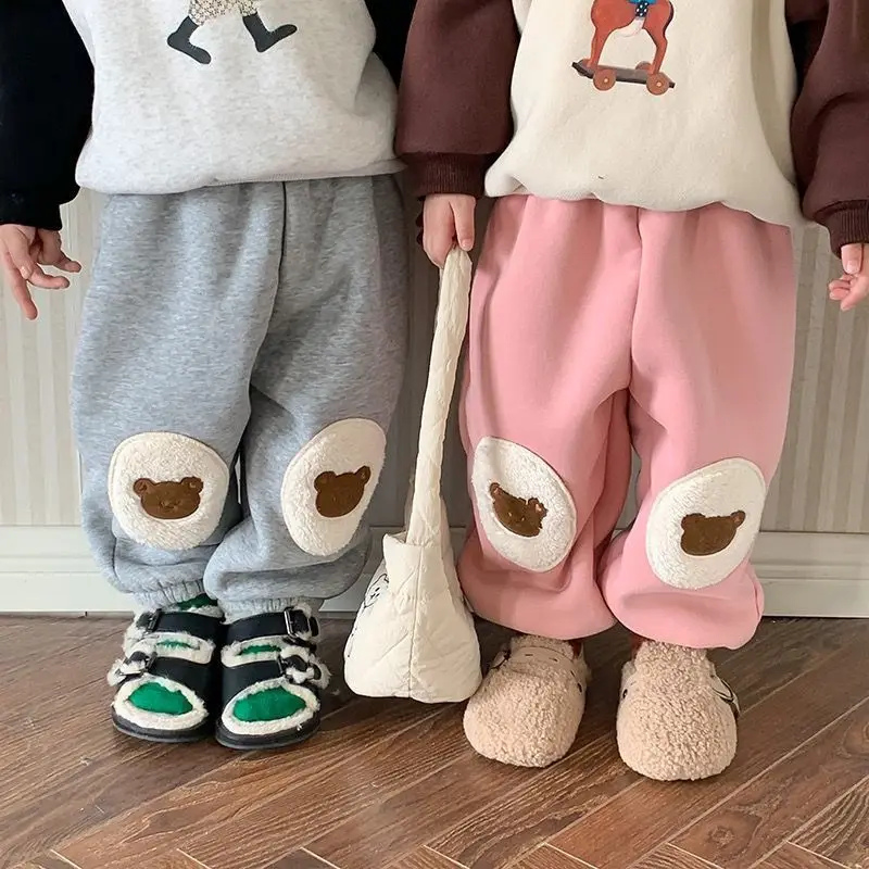 

2025 Winter Children Clothes Cute Bear Embroidery Fleece-Lined Pants Warm Thickened Sweatpants Casual Cuffed Trousers