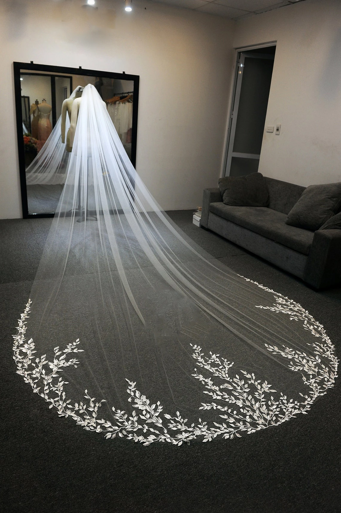 Voile de mariage à fleurs sur mesure, 1 niveau, blanc cassé, champagne, voile cathédrale pour patients