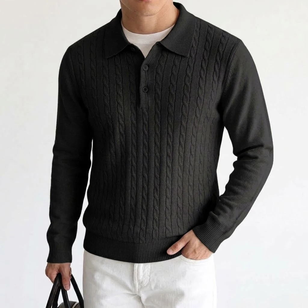 Neue Kabelstrick-Polopullover für Herren, Langarm, lässig, mit Knopfleiste, Vintage-Pulloverhemd, schmal geschnitten, gerippt, Winter-Reversoberteil – Detail 3
