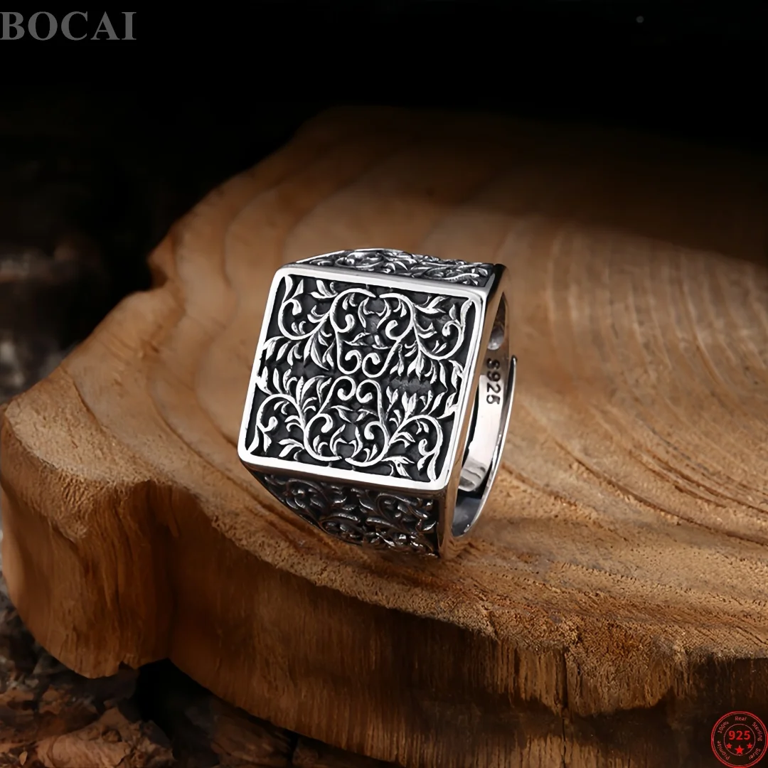 BOCAI New S925 Sterling Silver Charms Rings for Men Antique Relief Eternal Rattan Wide Adjustable Ring Fine Choice Jewelry