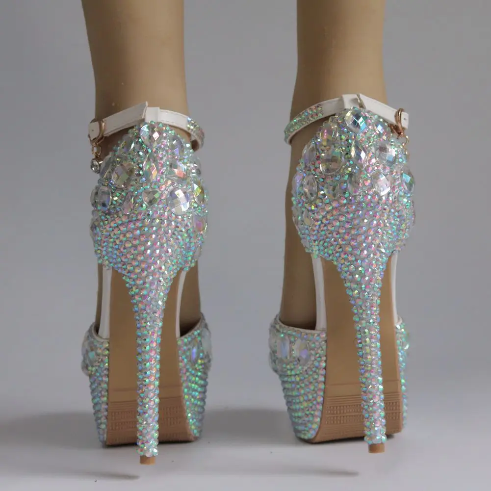 Spring and summer round toe hollow rhinestone waterproof table wedding shoes banquet large size thin high-heeled women's sandals