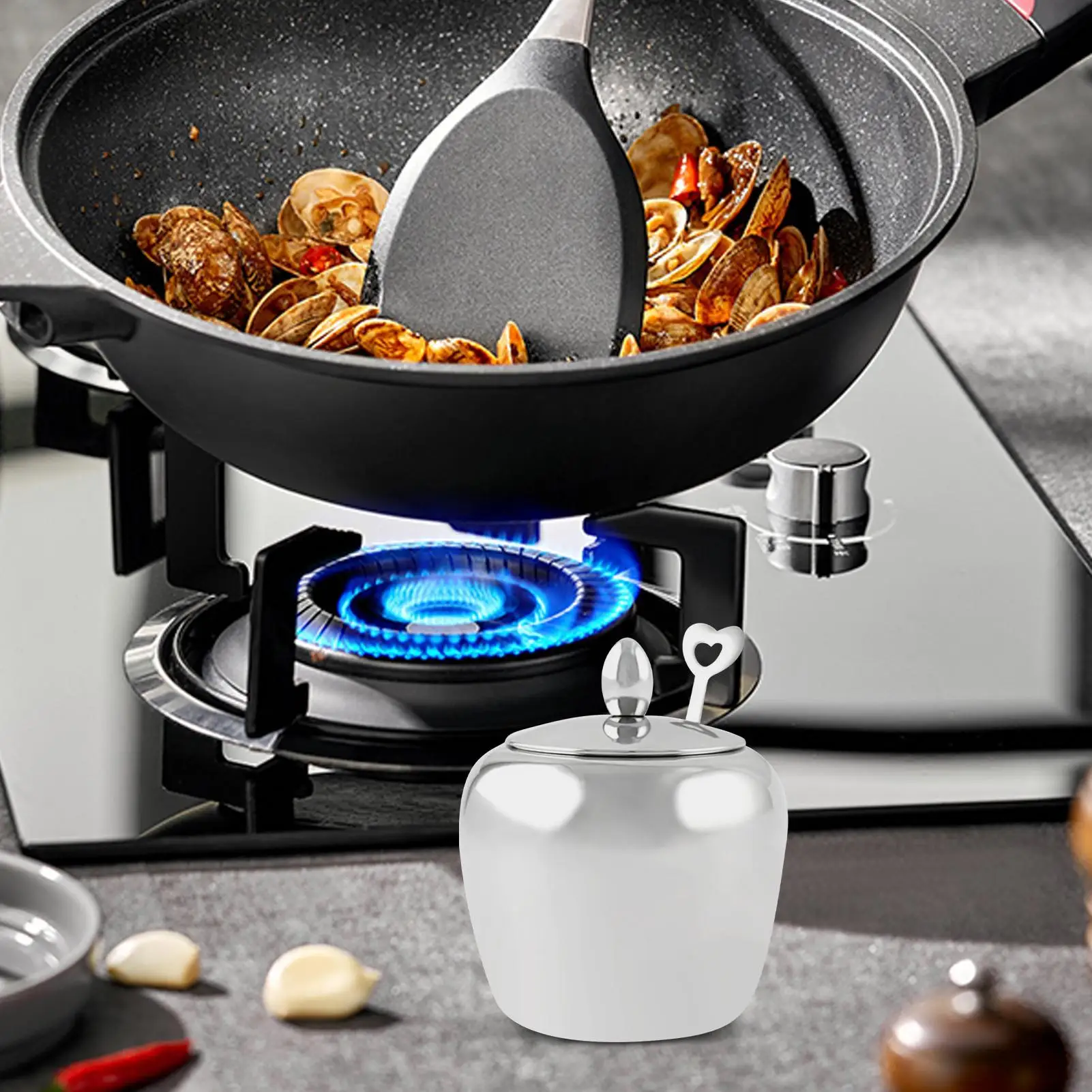 

Контейнер для сахара, блюдо для сахара с крышкой и ложкой, 250 мл, герметичный ящик для хранения из нержавеющей стали для кофейных зерен, соли, орехов, перца