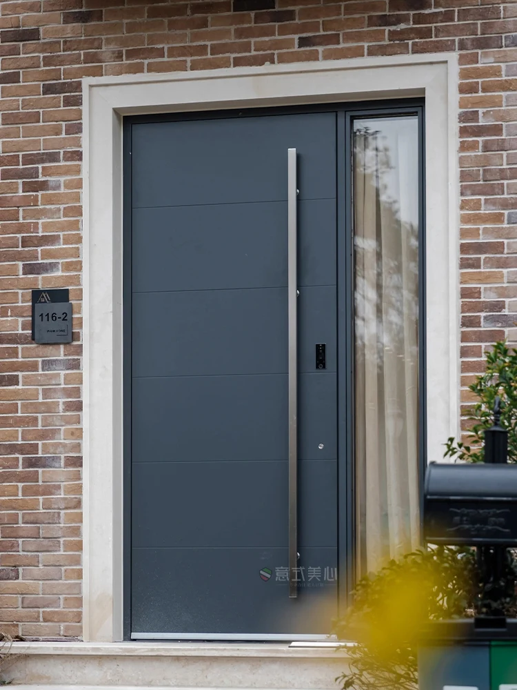 Puerta de seguridad de doble apertura hecha a medida, puerta de entrada de vidrio fundido de aluminio con luz de lujo y grano de madera