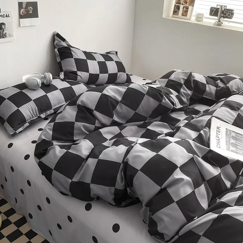 Plaid Bedding Sets Black Gray Quilt Cover Sets Pillowcase Bed Flat Sheets Fashion Duvet Cover Full Single Double King Bedclothes