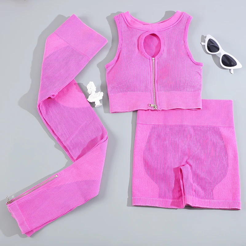 CHRLEISURE Wash Rib Yoga Suit for Women Seamless Sports Set Zipper Running Bra with Butt Lift Scrunch Cycling Shorts Gym Outfit