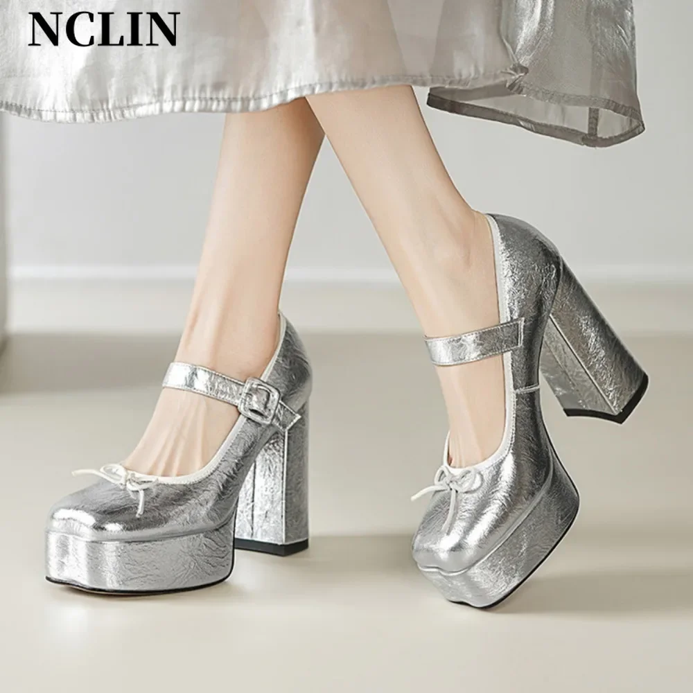 مشبك حزام حذاء نسائي بكعب عالٍ ماري جين مضخات حفل زفاف تأثيري الذهب الفضة الفراولة القوس الأميرة تأثيري لوليتا الأحذية #1