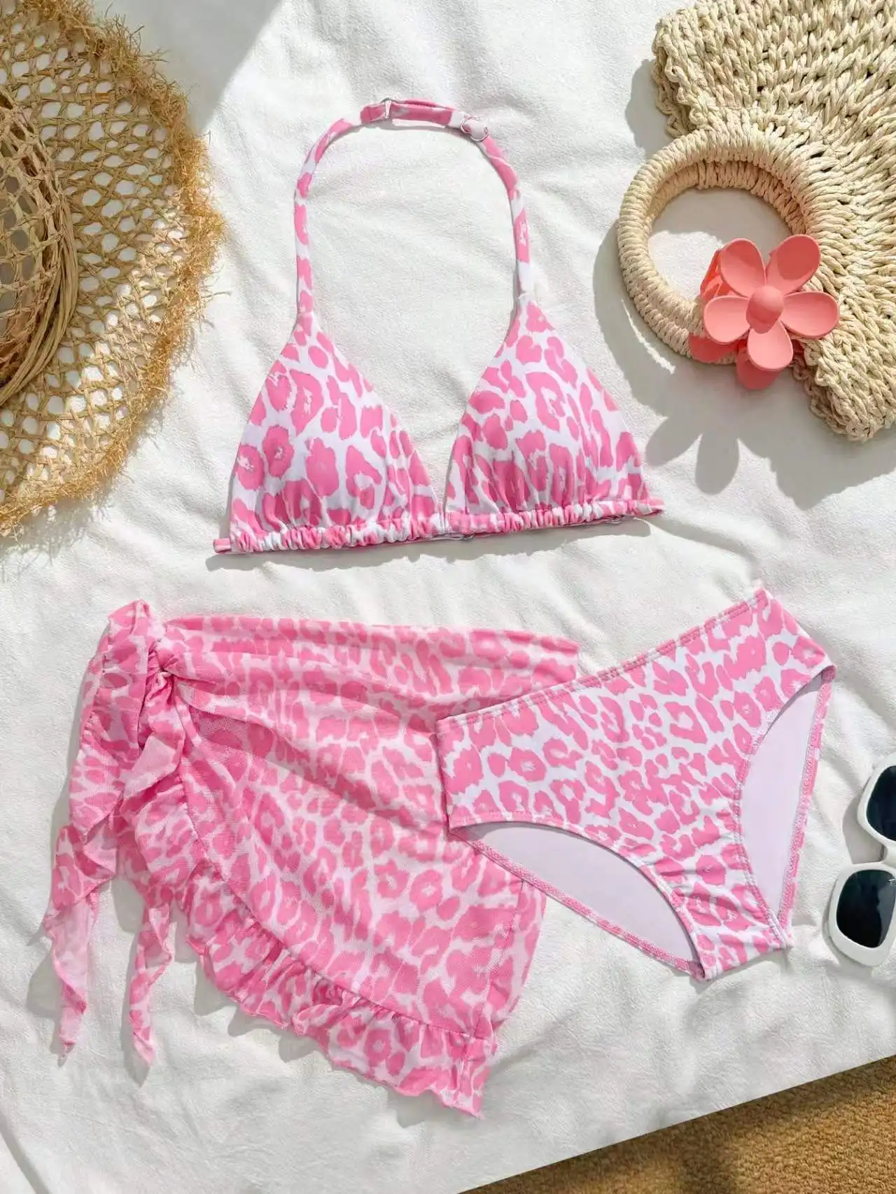 2026 Leopard Girls Swimsuit 3 Pieces Halter Triangle Bikinis Kids Swimwear Female Children's Bathing Swimming Swim Suit 8Y-12Y