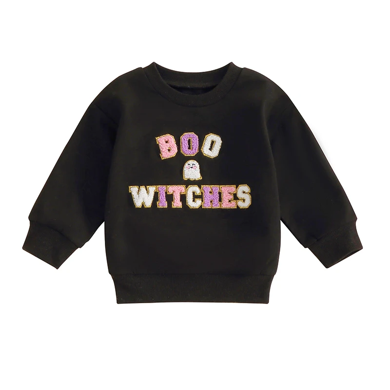 

Little Girl Boy Halloween Sweatshirt Ghost Letter Embroidery Long Sleeve Round Neck Loose Pullover