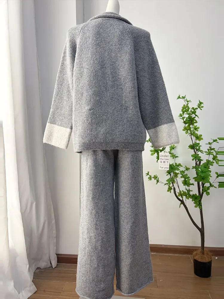 Zweiteiliges Damen-Strickset mit Cardigan und Hose, Reißverschluss-Oberteil mit Reverskragen, weit geschnittene Hose, gestricktes Set für den Alltag im Herbst – Detail 3