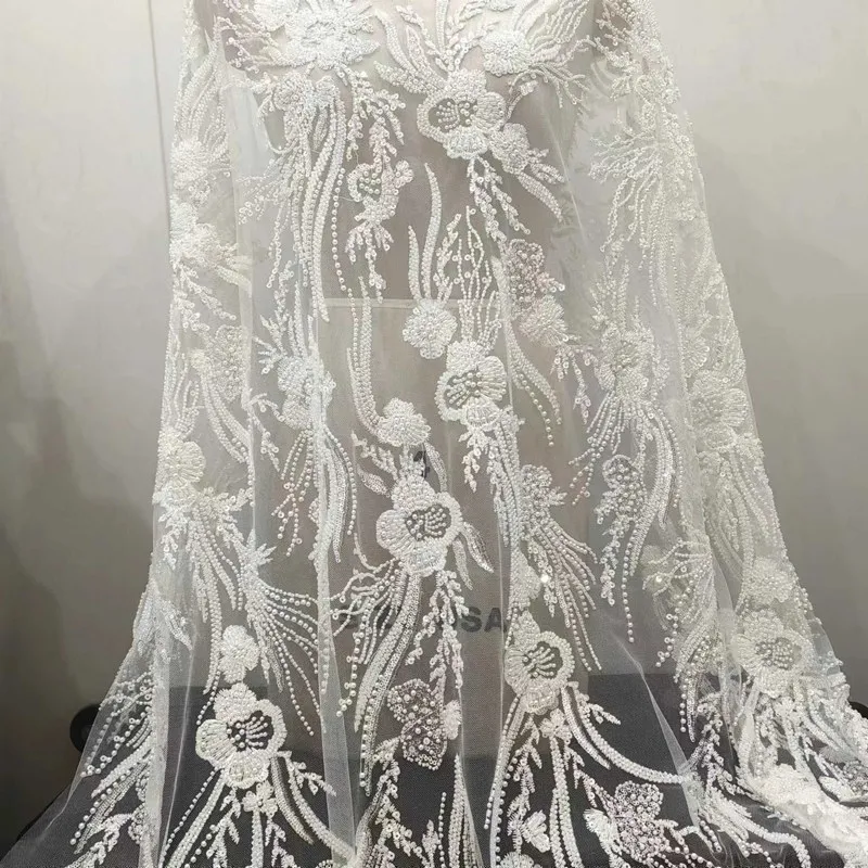 

Beaded Sequin Tulle Wedding Evening Dresses DIY Embellishments Floral Material Luxury Heavy Duty Embroidered Lace Fabric