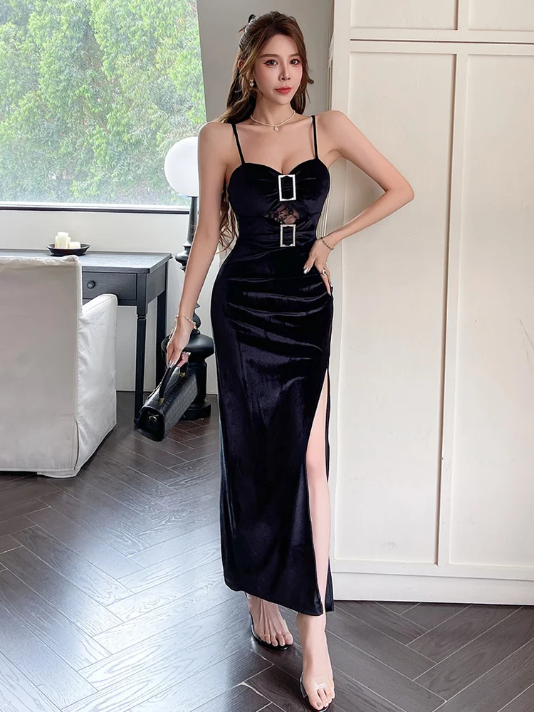 

Элегантное длинное платье с вырезами, на бретельках, с завышенной талией, из бархата, для офиса, вечеринок, ночных клубов, караоке, женское модное платье