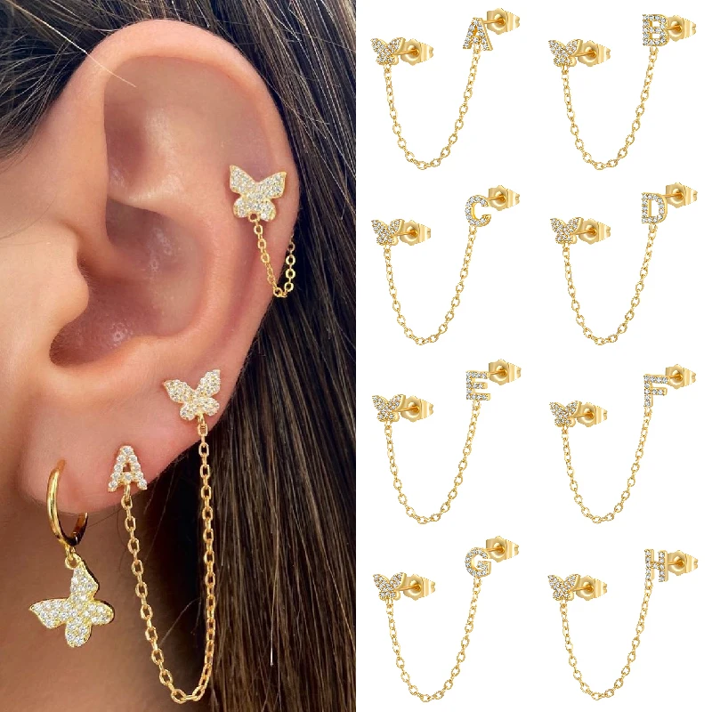 CRMYA Gold Silver Color 1 PCS A-Z Letter Butterfly Connected Initial Chain Stud Earrings Pave Zircon Earring Fashion Jewelry