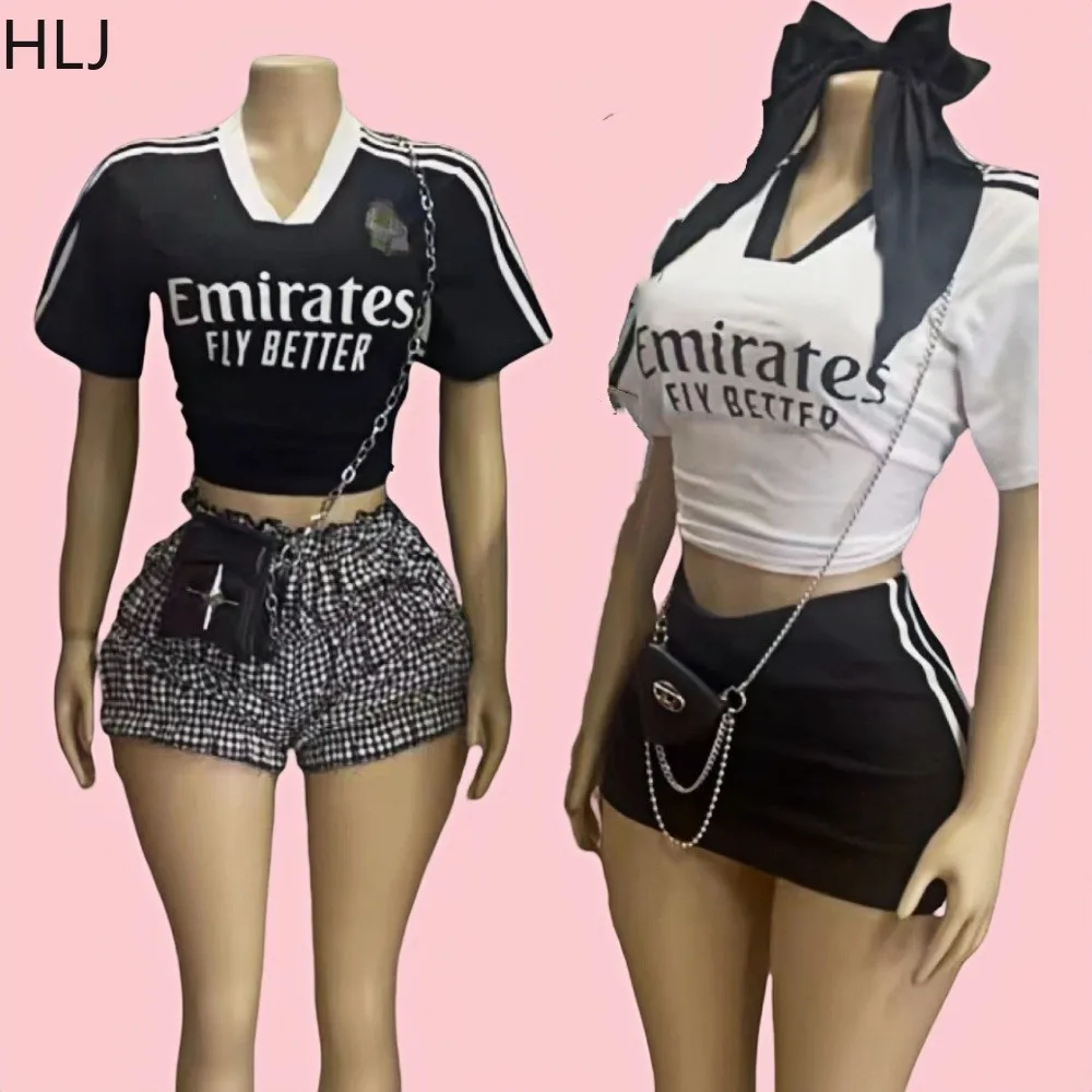 HLJ Fashion Letter Mini Skirts Two Piece Sets Women V Neck Short Sleeve Loose Tshirt And Skirts Outfit Lady Sporty 2pcs Clothing