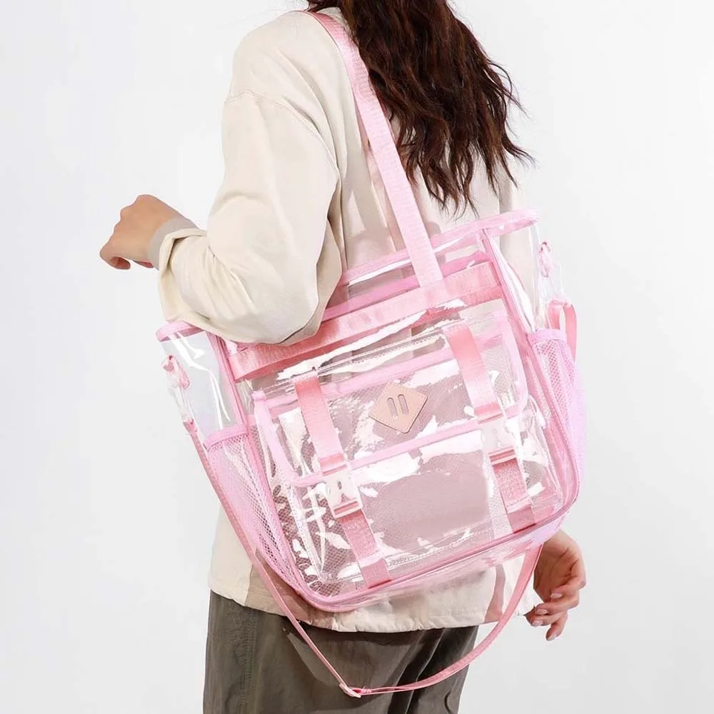 Candy Color Transparent Beach Handbag Large Capacity Multi-pockets Crossbody Jelly Bag with Removable Straps Swimming Tote