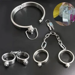 Heavy Stainless Steel Press Lock Wrist Handcuffs Ankle Cuffs Neck Collar Choker Shackles Bondage Adult Games Sex Toys for Couple