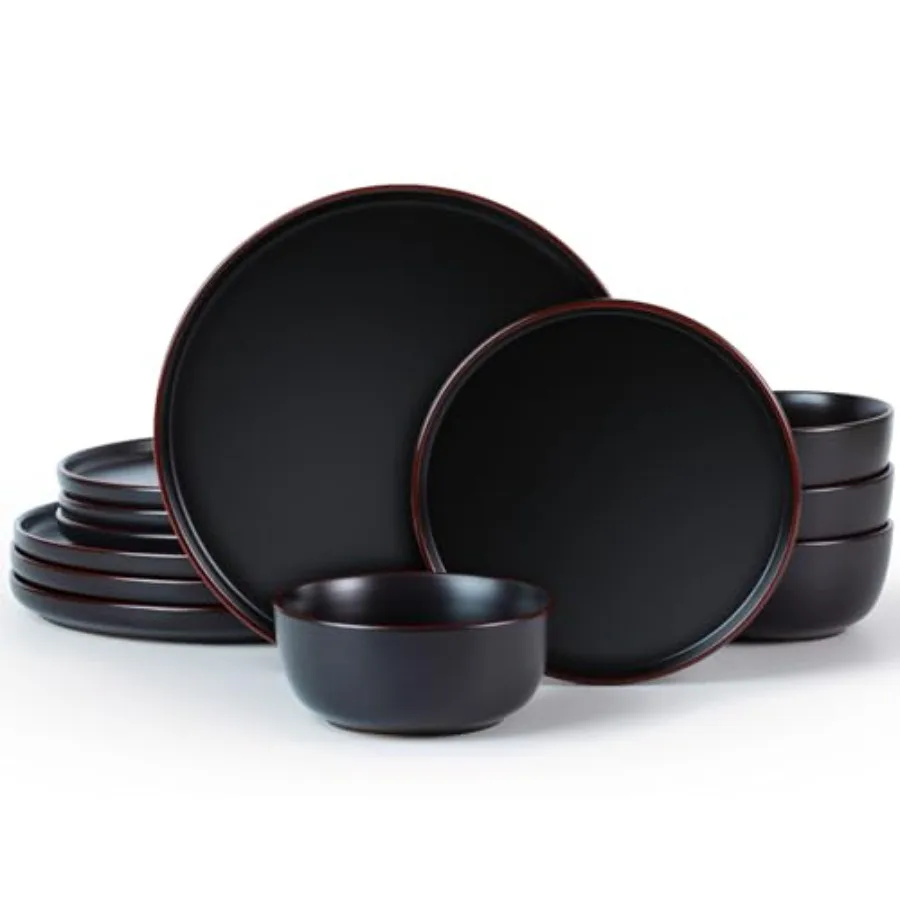 

Mercury Plates and Bowls Sets 12 Pieces Stoneware Dinnerware Sets Dishes Set for 4 Microwave and Dishwasher Safe Black