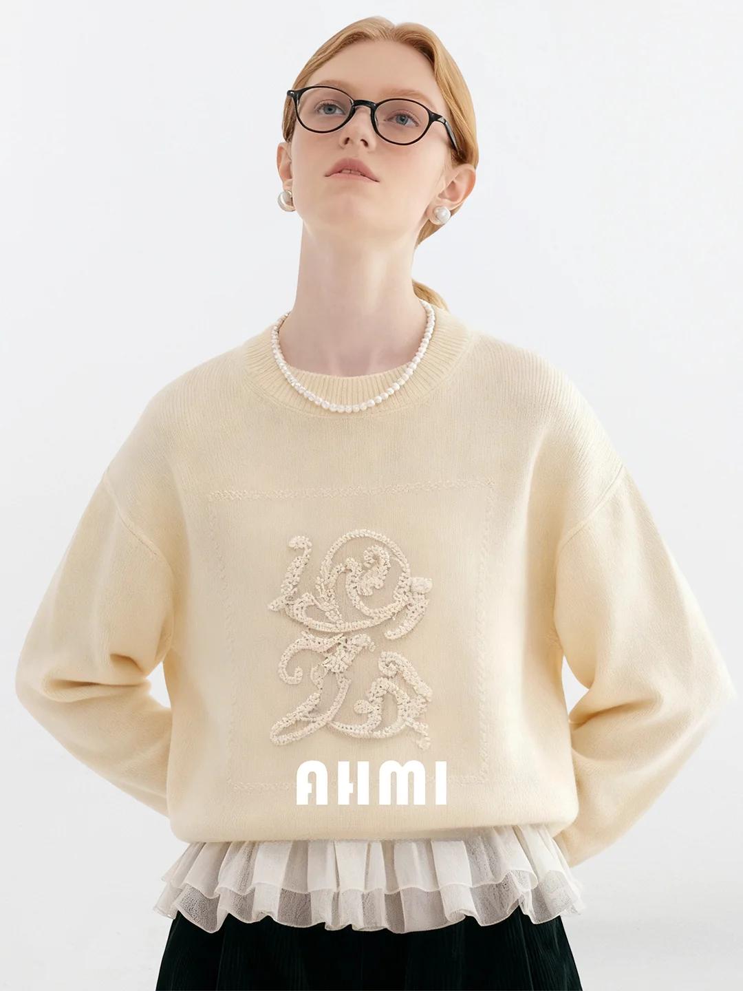 

AHMI Women's Knitted Wool Sweater round Ne Embroidered Outerwear Winter New Sle Beautiful Merino Wool Soft Loose Fit Casual