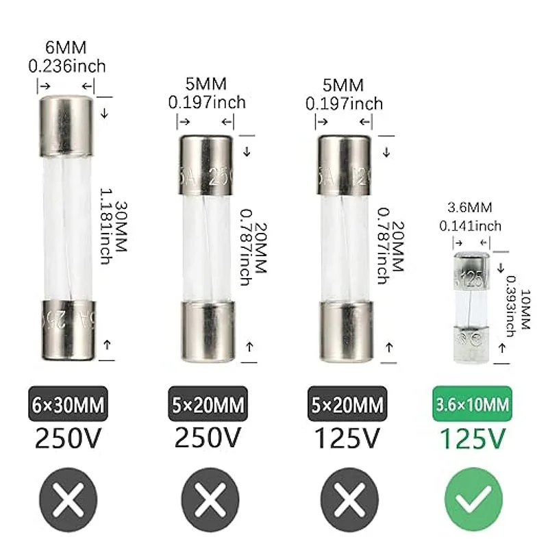 3 Values 50pcs 2.5A 3A 5A 125V Mini Fuse Assortment Kit 2.5 3 5 Amp 125 Volt Max Fuses 0.14x0.39 inch 3.6x10 mm Glass Fuse