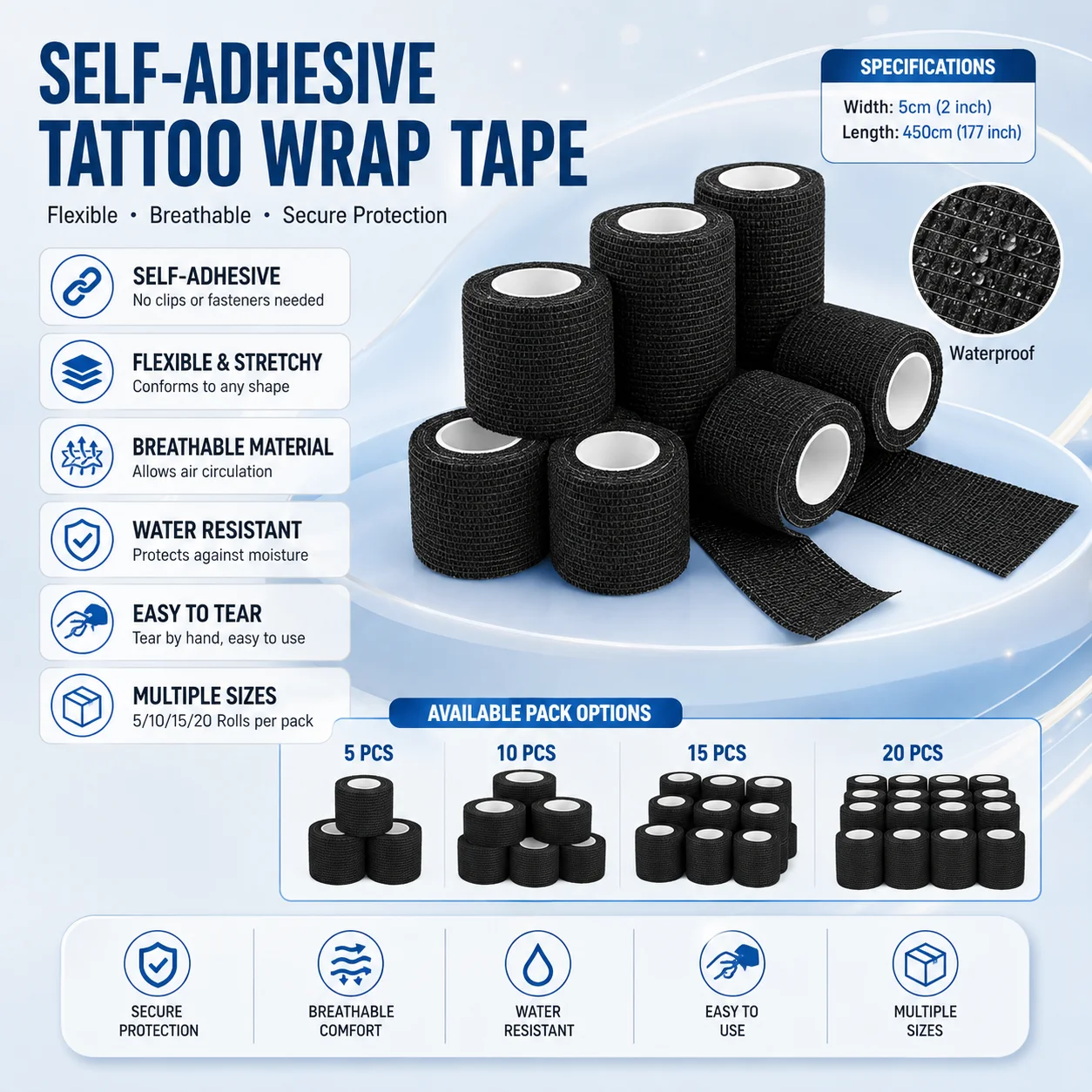 5/10/20 Black Tattoo Grip Bandage Cover Wraps Tapes Nonwoven Waterproof Self Adhesive Finger Protection Tattoo Accessories