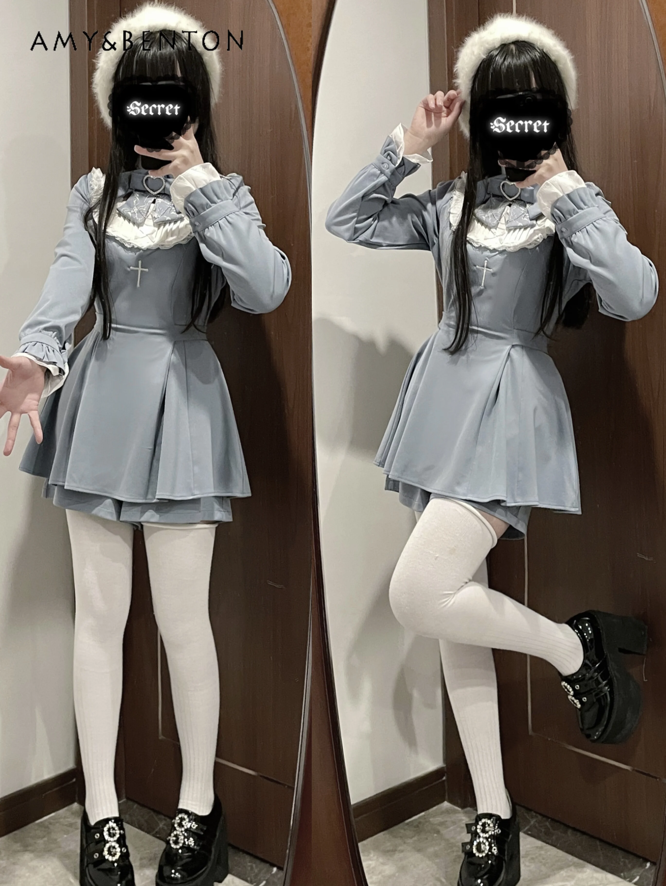 Japanese Mine Mass-Produced Lace Embroidered Bow Long Sleeve Dress Shorts Two-Piece Sets Women Spring New Lolita Liz Outfits