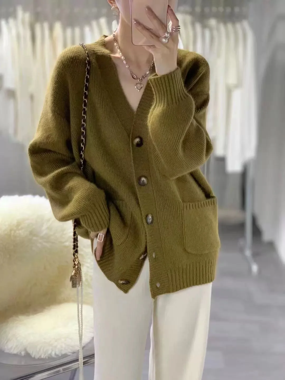 Fashion trend of quality in new high-end shopping malls in autumn and winter 23 women's sweater coat 100% pure wool cardigan