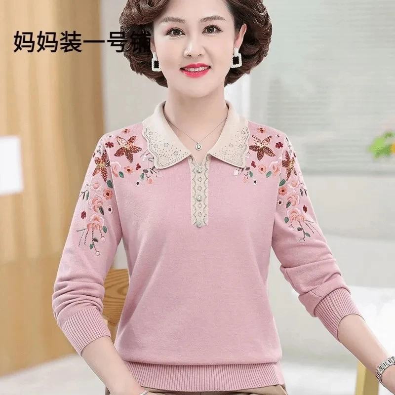 중년 여성 캐시미어 스웨터 가을 겨울 긴팔 라펠 니트웨어 여성 울 풀오버 우아한 자수 니트 점퍼