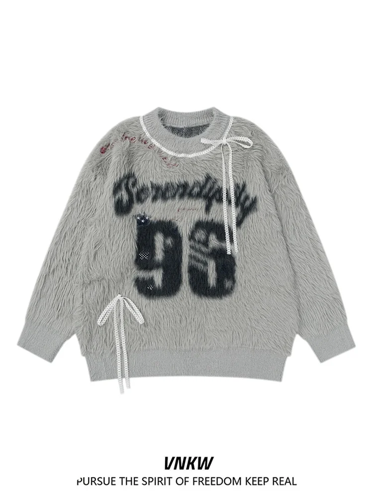 

Утепленный свитер из норковой шерсти с вышивкой в американском ретро-стиле, круглый вырез, свободный крой, теплый, для мужчин и женщин