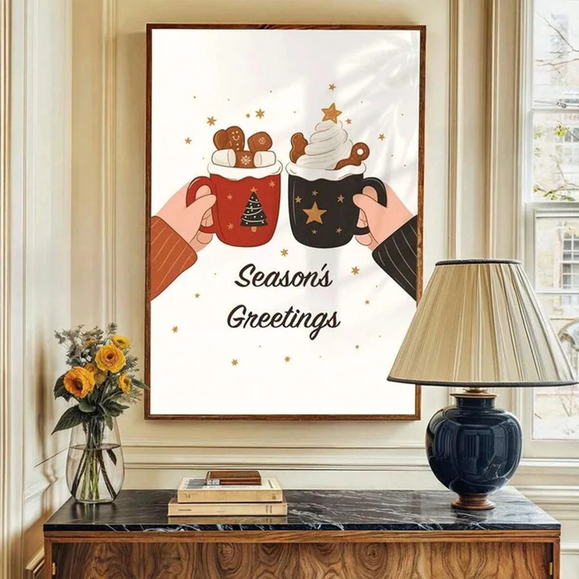 Retro Season's Greetings, Christmas Hot Cocoa Mugs Wall Art Print Canvas Painting Poster Picture For Living Room Home Decor