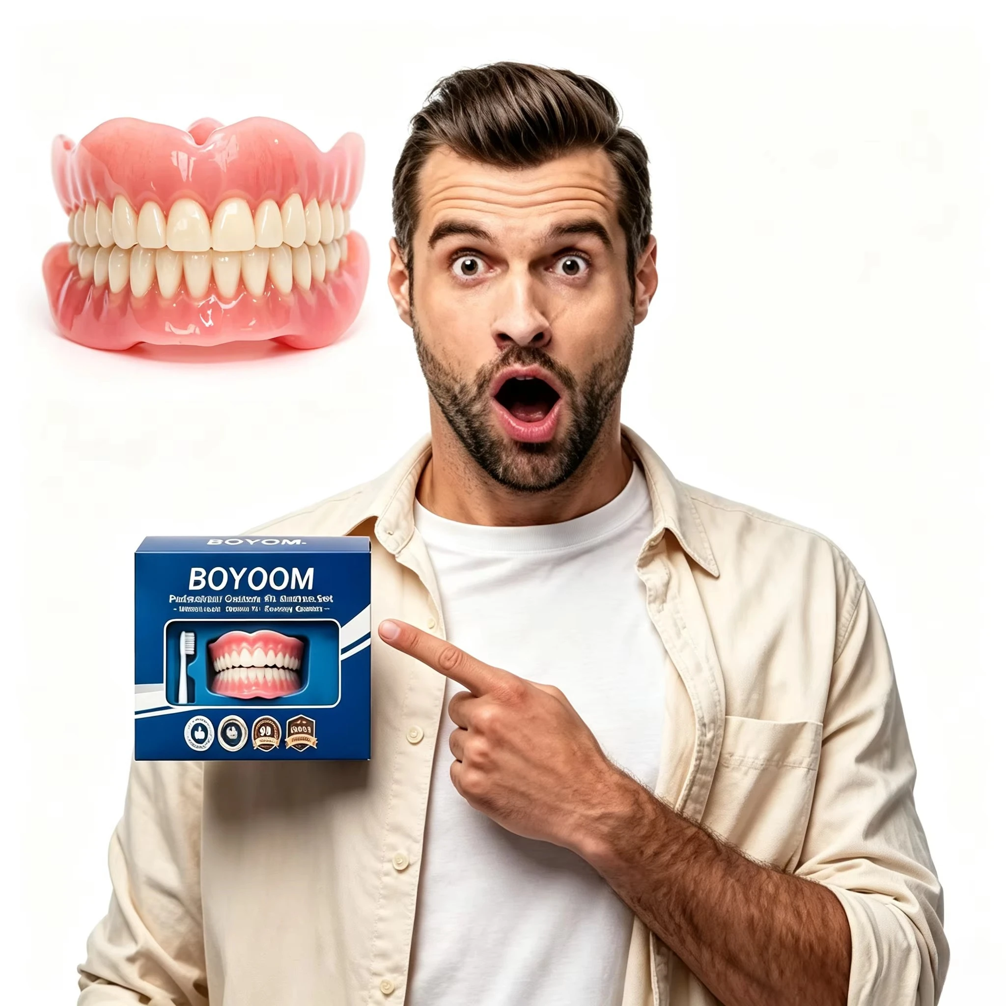 Silicone Full Dentures Set Natural Looking Comfort Fit False Teeth Secure Snap-in for Upper Lower Jaw