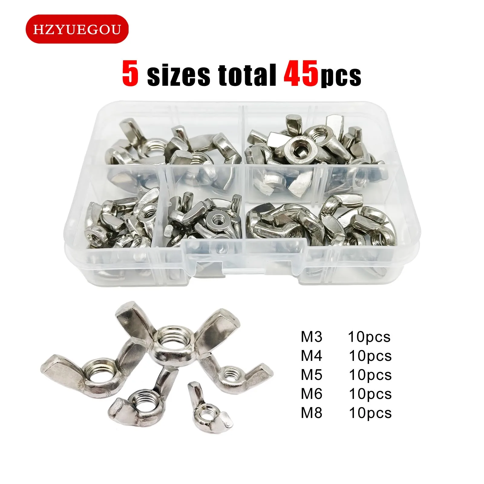 45pcs/box Wing Nut Adjust Thumb Butterfly Ear Nut Hand Tighten Thumbnut M3 M4 M5 M6 M8 Assortment Kit Set 304 A2 Stainless Steel