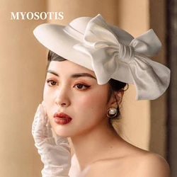 French Black Bownot Satin Top Hat Women Banquet Elegant British Celebrity Dress Fascinator Bride Wedding White Fedora Hat