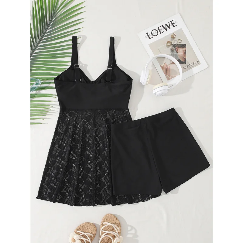 2025New Sexy Two-Piece High-Waisted Lace Swimsuit Set with Hollow Out and Solid ColorbikiniSwimsuit Set