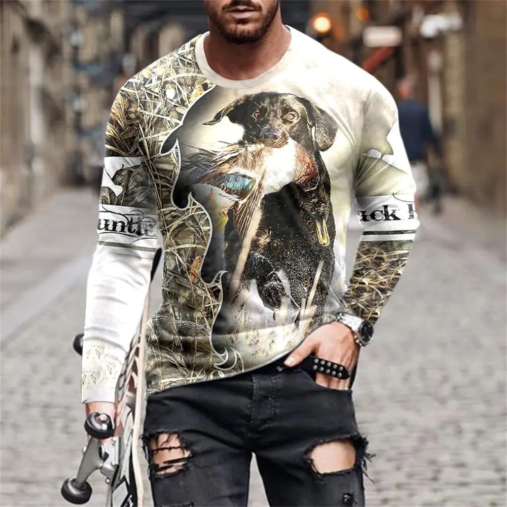 Wild Animal Hunting 3d Print Summer Men\'s Round Neck T-shirt Casual Long Sleeve Oversized T Shirt Fashion Pullover Men Clothing