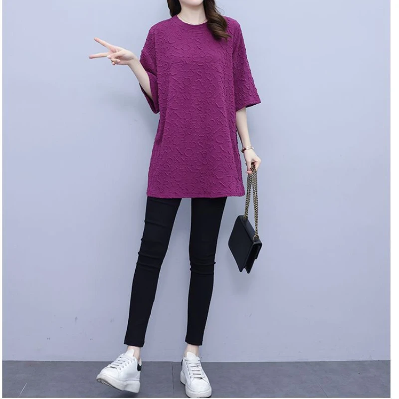 High-end Fashionable Summer New Loose Large Size Women's Jacquard Age-reducing Shirt Mid-length Short-sleeved T-shirt