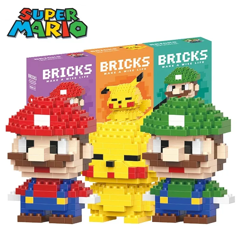 Super Mario Bros Blocks Anime Cartoon Luigi Yoshi Wario Pikachu Mini Action Toy  Building Blocks for children gifts