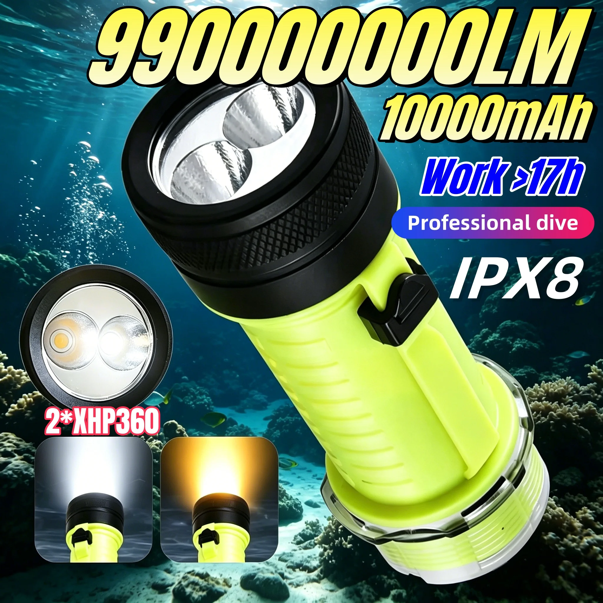 Lampe de poche professionnelle Super brillante pour plongée, lanterne sous-marine, Rechargeable, torche LED, étanche IPX8, 990000000LM, 10000mAh