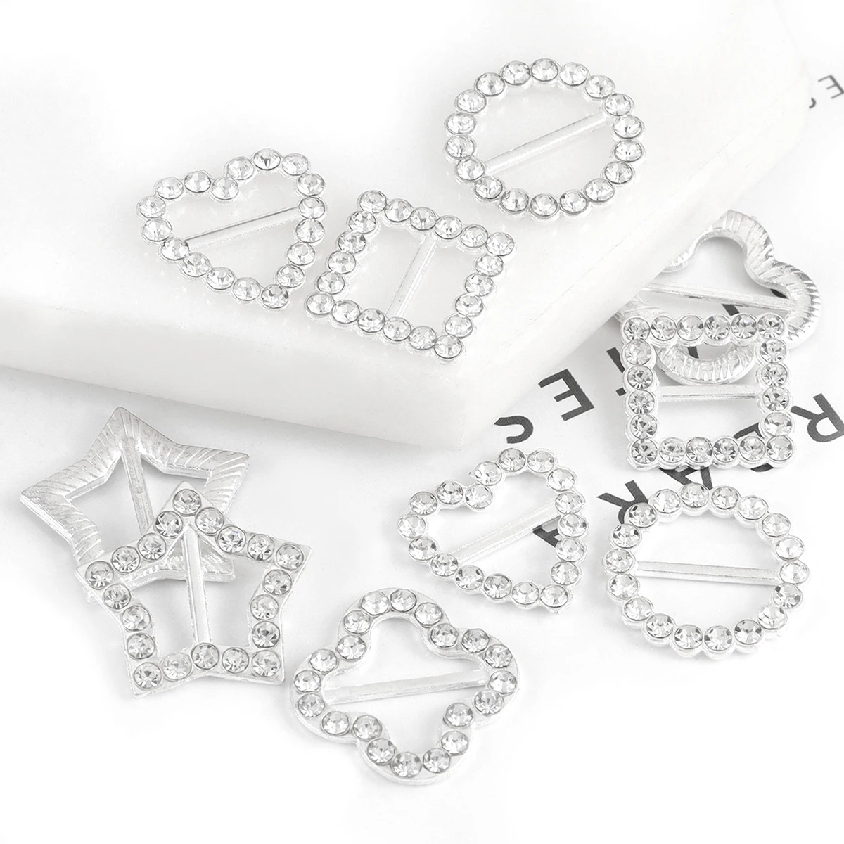 10-20PCS Crystal Rhinestone Buckle Metal Heart Round Square Ribbon Decoration for Webbing Invitation Card Clothes Hair Accessory