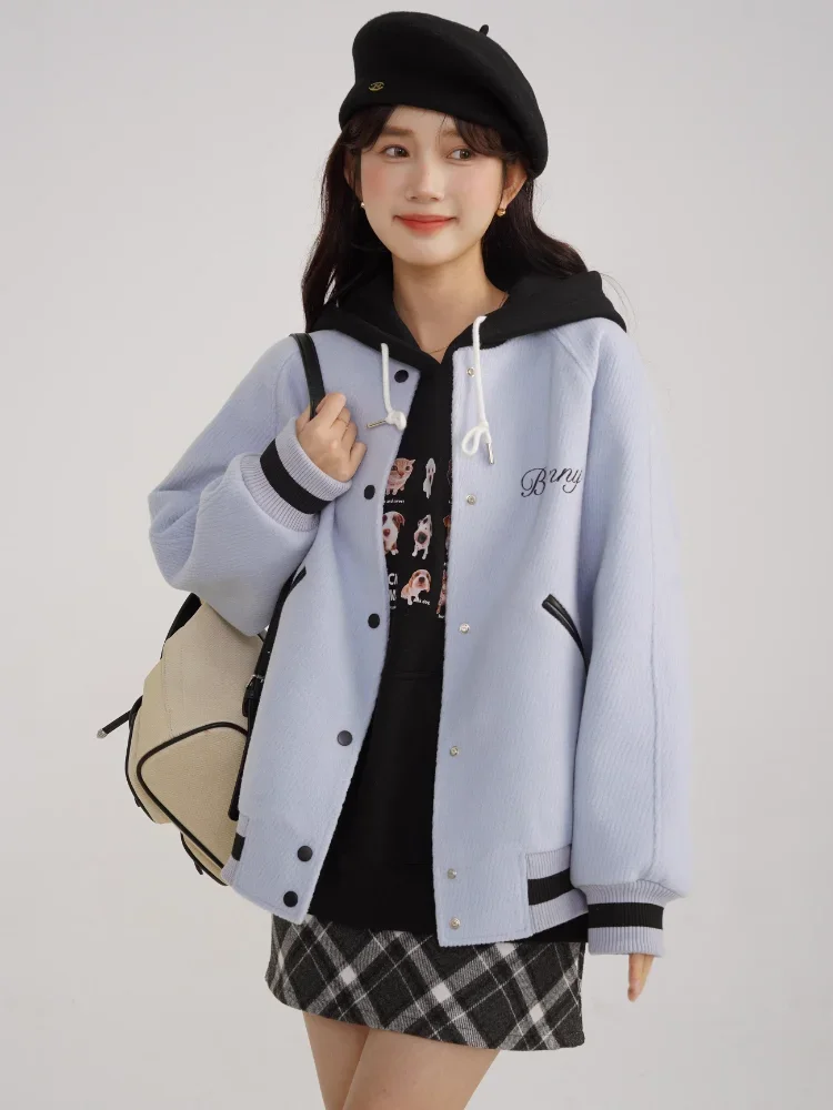 Women's Cozy and Chic: Round Neck Tweed Bomber with Soft Teddy Bear Patch, Perfect for Casual Days Winter Korean Popular Clothes