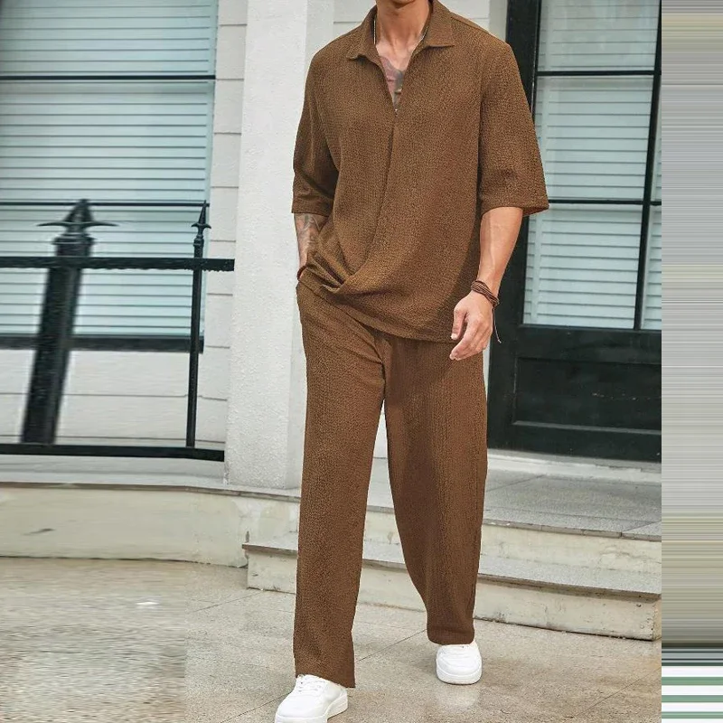 Spring Summer Casual Cotton Shirts And Pants Suits Men Vintage Half Sleeve Irregular Cardigan Two Piece Sets Mens Outfits