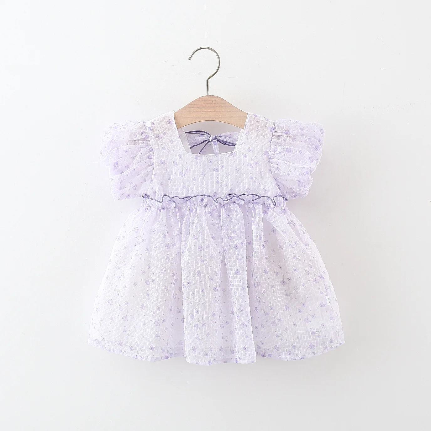 Girl\'s dress summer baby girl small floral flower hollow back strap bow tie chiffon bubble sleeve dress